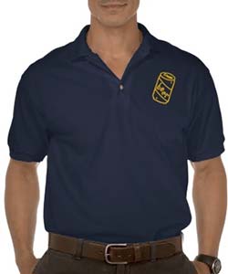 cartoon beer can mens polo shirt navy blue with gold design