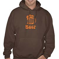 brown hooded sweatshirt with orange beer mug design