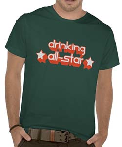 drinking all-star green tee shirt with orange and white lettering