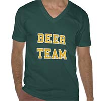 green beer team jersey shirt with gold and white lettering