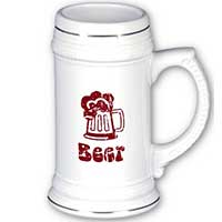 beer stein with red cartoon image of beer mug