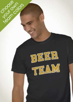 Sports fan wearing Beer Team spirit sales shirt in black and gold colors - colors can be customized