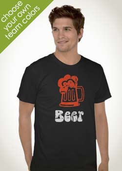 Sports Fan wearing a black Beer Drinking Shirt featuring Cartoon Beer Mug and the word Beer