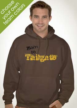 Tailgater wearing brown Born to Tailgate vintage sweatshirt
