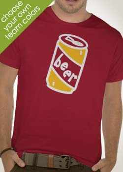 Dark Red Beer Shirt with a Cartoon Beer Can, modeled by a beer loving sports fan