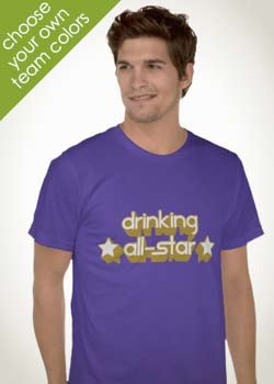 Man wearing one of our purple funny drinking shirts that says Drinking All-Star