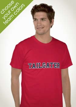 Tailgater getting ready to wear a red Tailgater shirt to a college football game