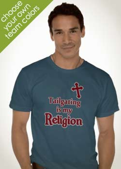 Young Man Wearing one of our blue Tailgating is My Religion tailating tees