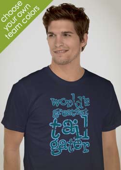 Sports fan wearing navy blue Worlds Greatest Tailgater vintage clothing